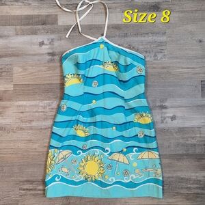 Lily Pulitzer Blue Halter Dress with Yellow Beach Print